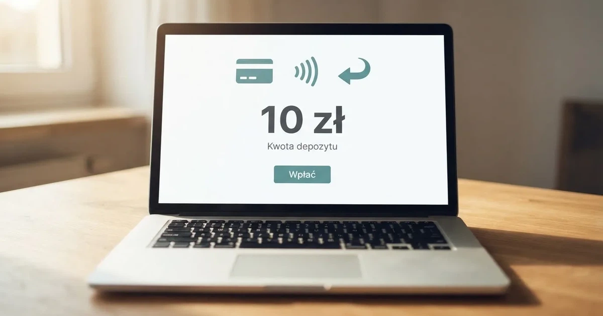 Laptop z otwartym oknem wpłaty na kwotę 10 zł i listą metod: BLIK, karta płatnicza, szybki przelew