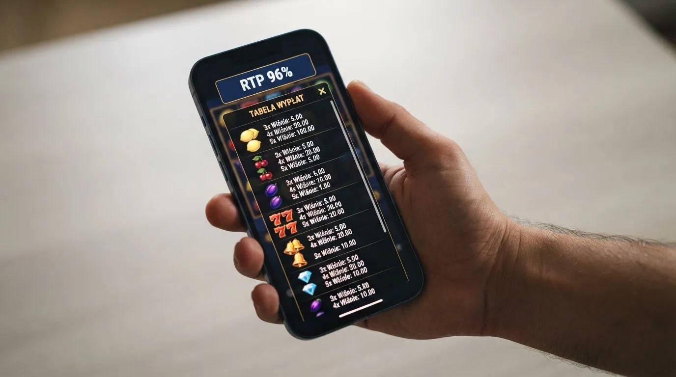 ekran automatu online z otwartą tabelą wypłat pokazującą wartość procentową RTP