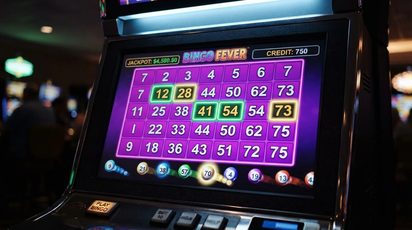 Ekran automatu do gry z kolorową planszą w stylu bingo i podświetlonymi liczbami