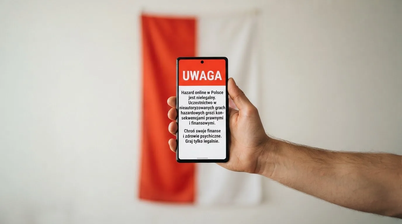 Dłoń trzymająca telefon z widocznym komunikatem ostrzegawczym o legalności hazardu online na tle biało-czerwonej flagi Polski.