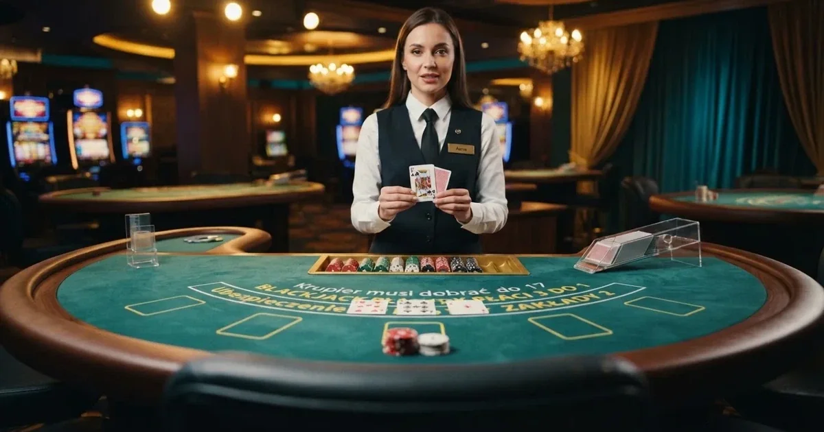 Krupier rozdający karty przy stole blackjacka na żywo w kasynie online