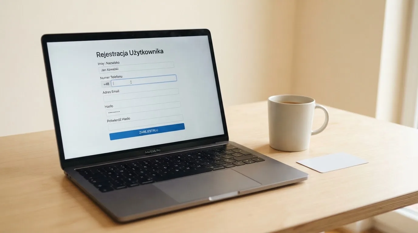 Ekran laptopa z formularzem zakładania konta gracza i polem numeru telefonu, obok kubek kawy i dowód osobisty odwrócony rewersem