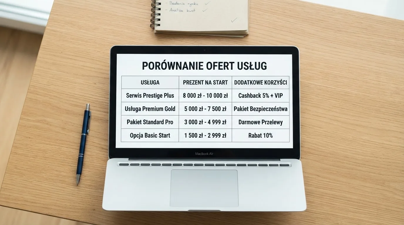 Widok z góry na laptop z otwartą tabelą porównawczą ofert powitalnych kilku serwisów kasynowych