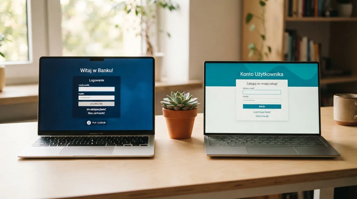Dwa ekrany logowania kasyna online obok siebie na biurku, jeden z polskim interfejsem złotówkowym, symbolizujące porównanie dwóch różnych serwisów