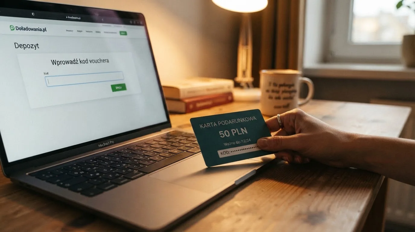 Karta przedpłacona Paysafecard z zasłoniętym polem kodu PIN obok klawiatury laptopa