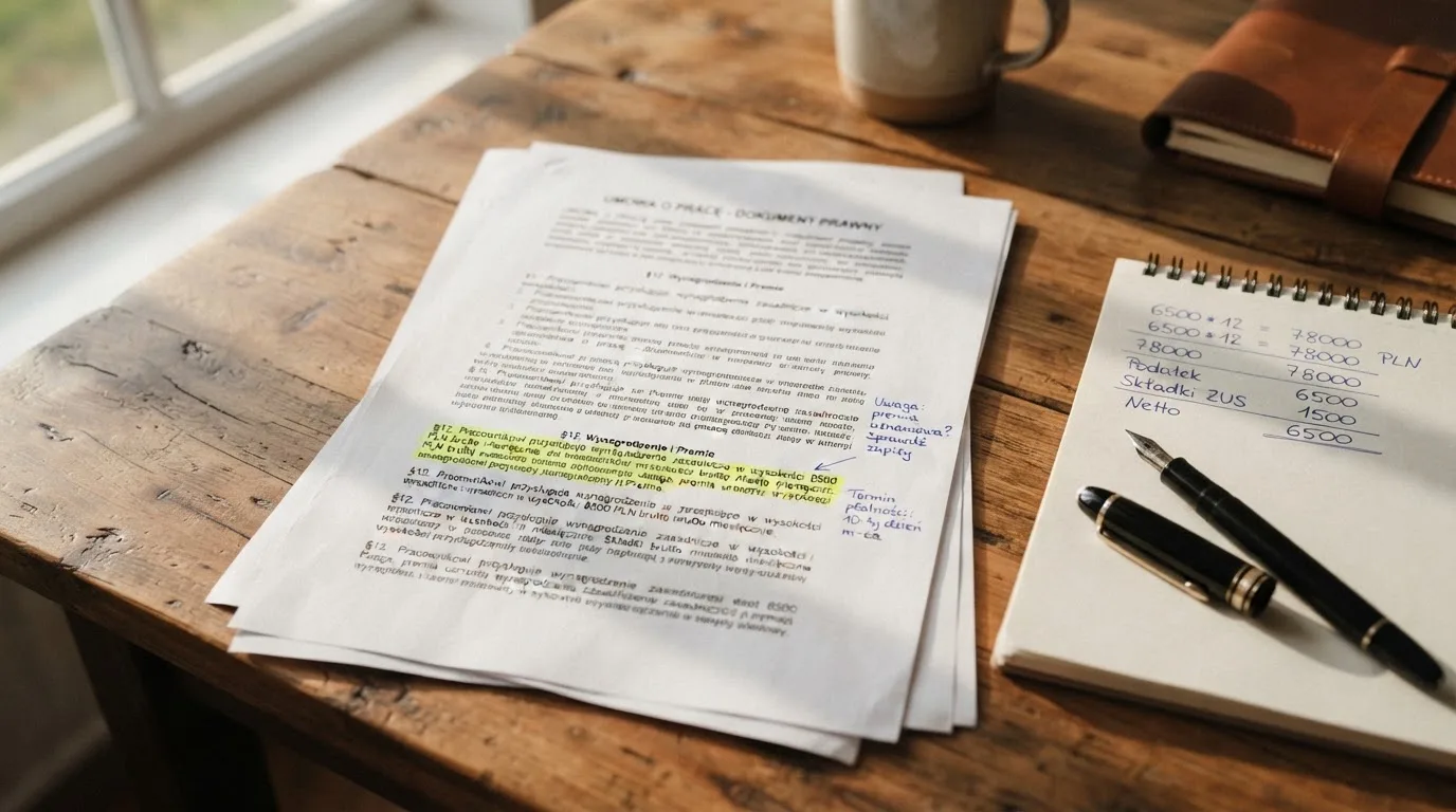 Wydruk kodeksu karnego skarbowego z zakreślonym artykułem obok kalkulatora i długopisu na biurku