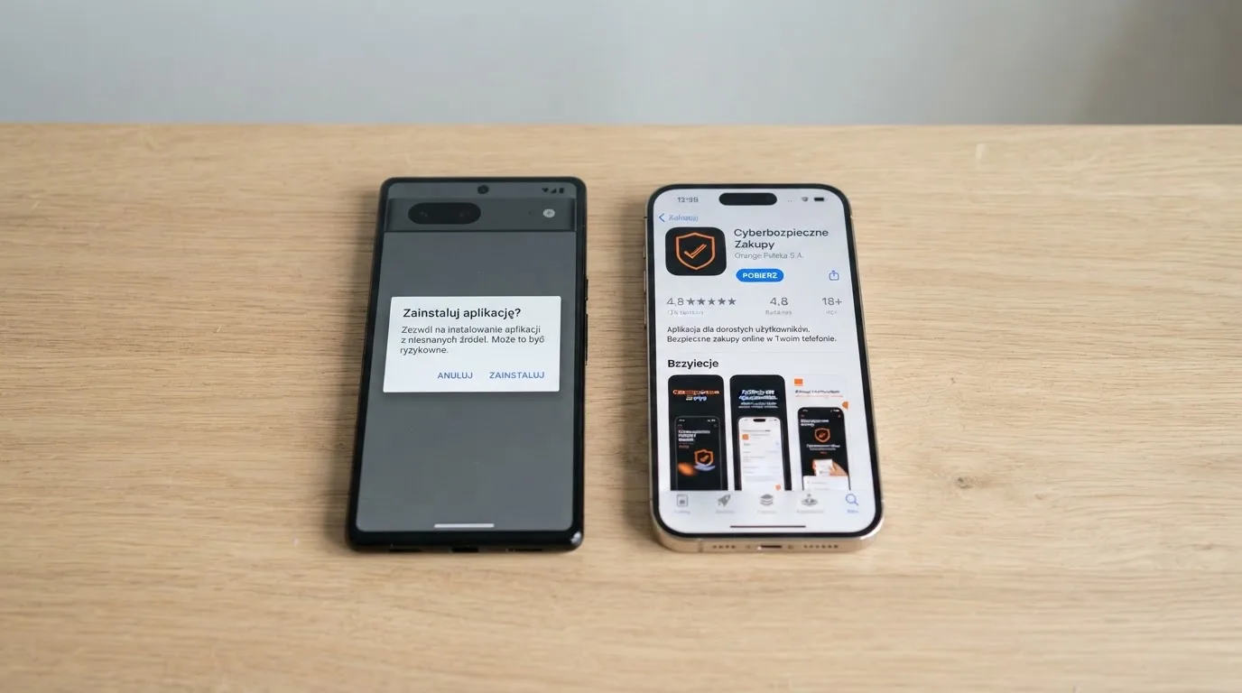 Dwa telefony obok siebie: na jednym komunikat zgody na instalację pliku APK z nieznanego źródła, na drugim strona aplikacji w sklepie z przyciskiem pobierania