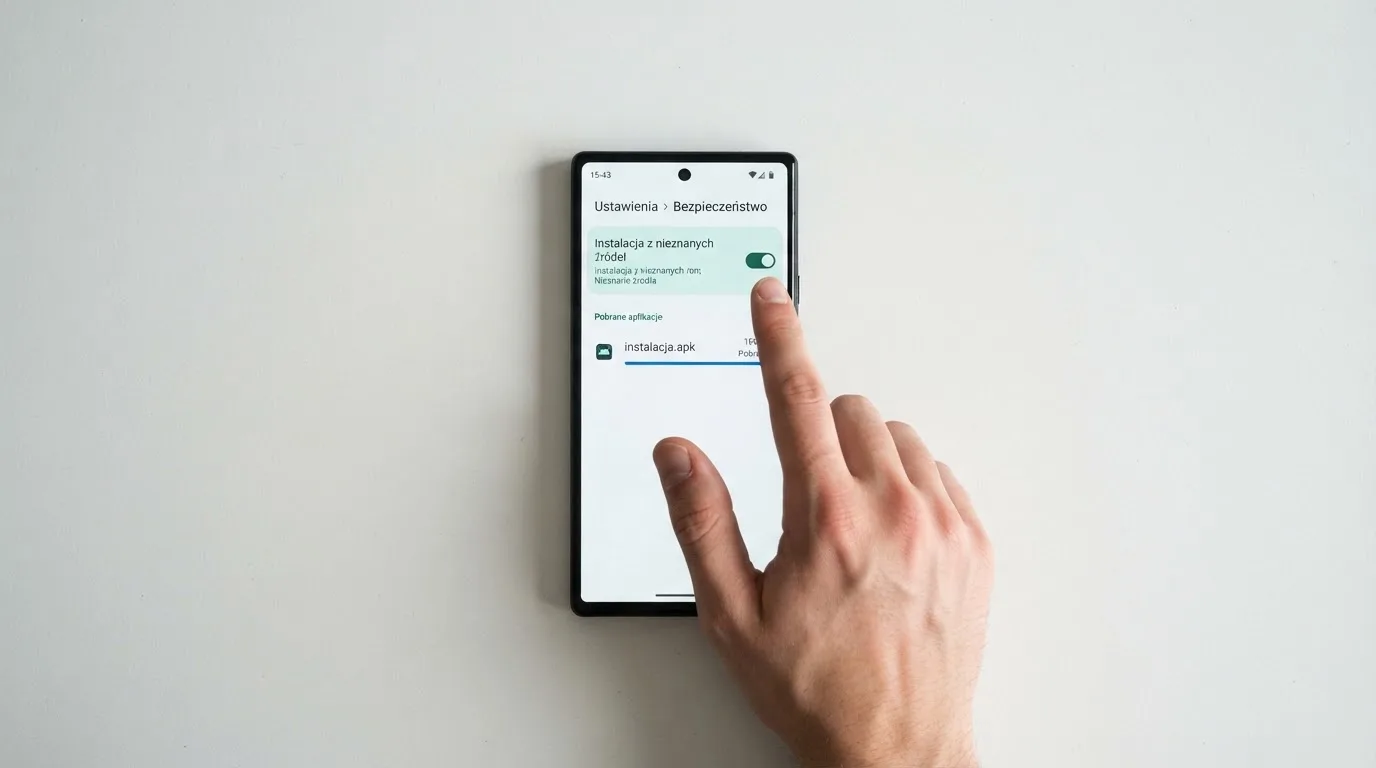 Ekran ustawień Androida z przełącznikiem zgody na instalację aplikacji z nieznanego źródła i pobranym plikiem instalacyjnym na liście
