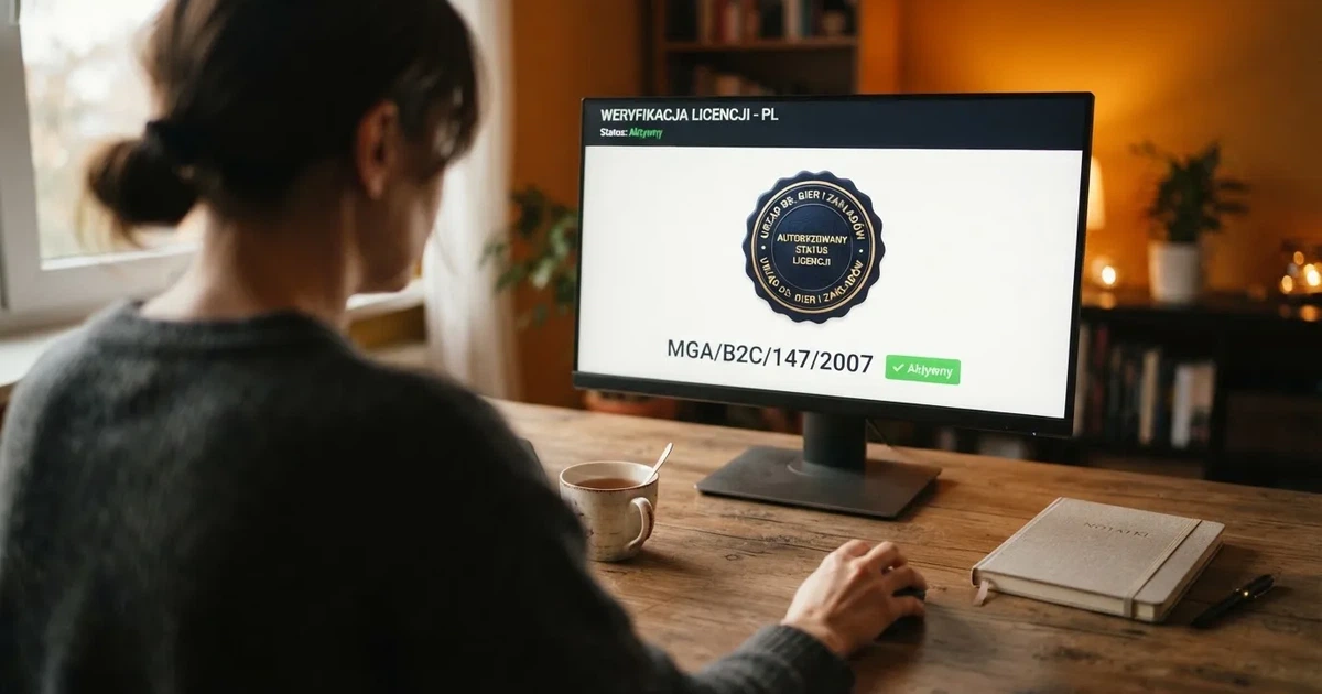 Zbliżenie na pieczęć weryfikacyjną licencji hazardowej wyświetloną na ekranie komputera