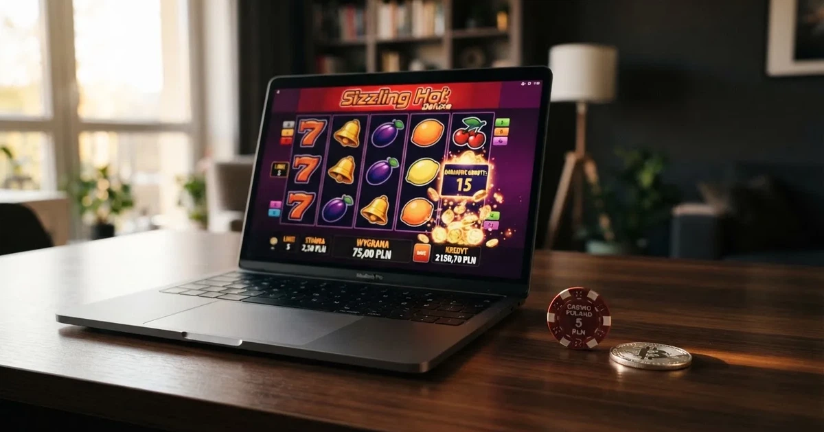 Ekran laptopa z otwartą stroną porównania kasyn online obok fizycznego żetonu i symbolu kryptowaluty Bitcoin Cash.