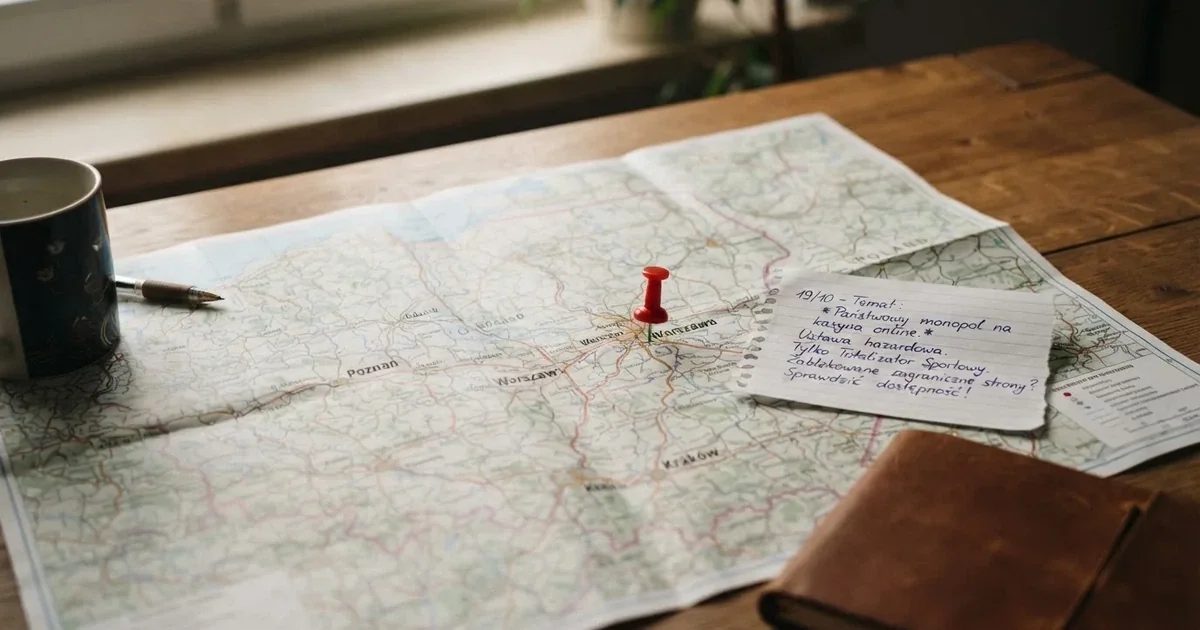 Mapa Polski rozłożona na biurku z jedną czerwoną pinezką wbitą w Warszawę i kartką z odręcznym dopiskiem o monopolu państwa