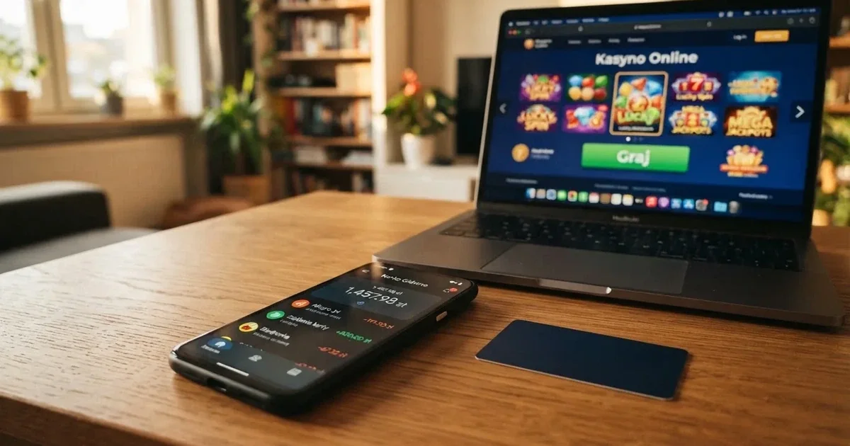 Ekran aplikacji bankowej na smartfonie leżącym obok karty płatniczej i otwartego na laptopie ekranu logowania do serwisu gier online