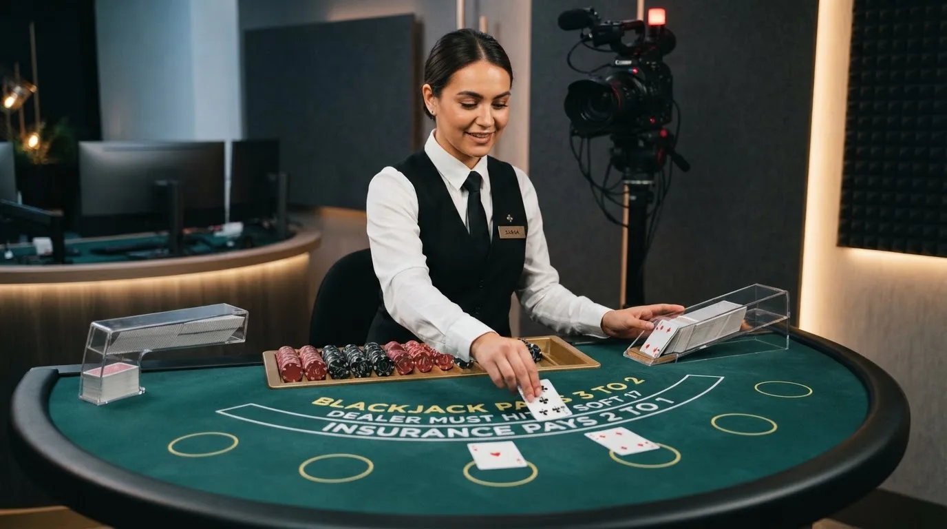 Krupier rozdający karty przy stole blackjacka podczas transmisji na żywo