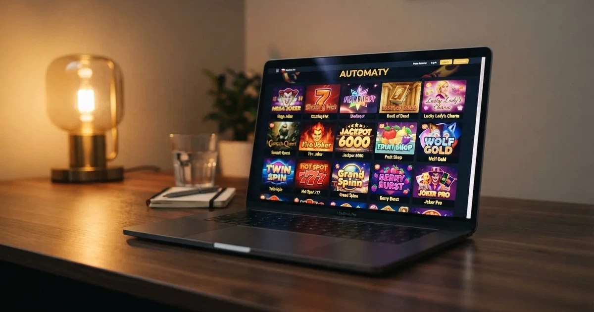 widok lobby wirtualnego kasyna na ekranie laptopa z rzędami ikon gier automatów