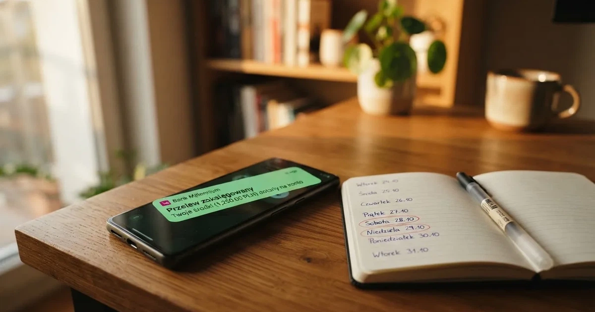 Smartfon z powiadomieniem o zaksięgowanym przelewie przychodzącym, obok papierowy kalendarz z zakreśloną sobotą i niedzielą