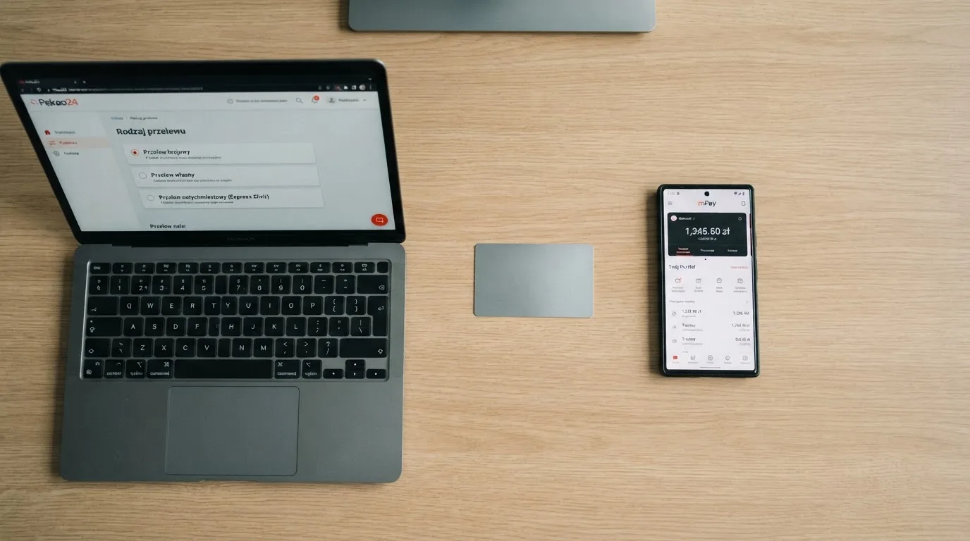 Ekran aplikacji bankowej z wyborem rodzaju przelewu, obok karta płatnicza i telefon z otwartym e-portfelem bez logotypów