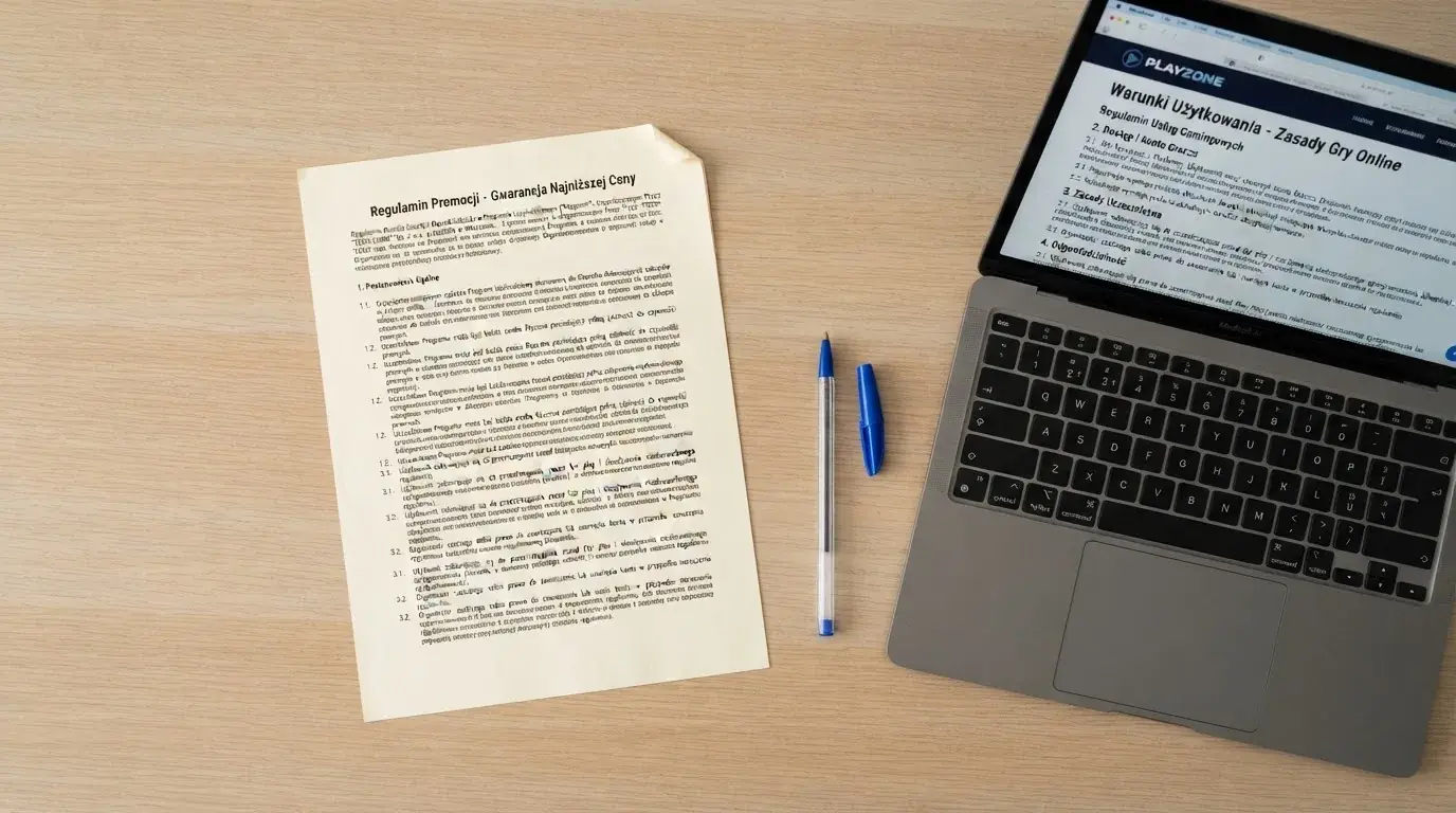 Dokument regulaminu operatora kasyna online rozłożony obok laptopa z otwartą stroną warunków gry
