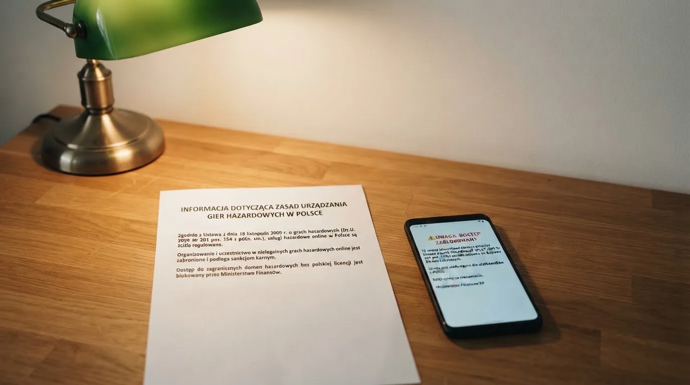 Biurko z wydrukiem ustawy o grach hazardowych i telefonem wyświetlającym komunikat o zablokowanej stronie kasyna