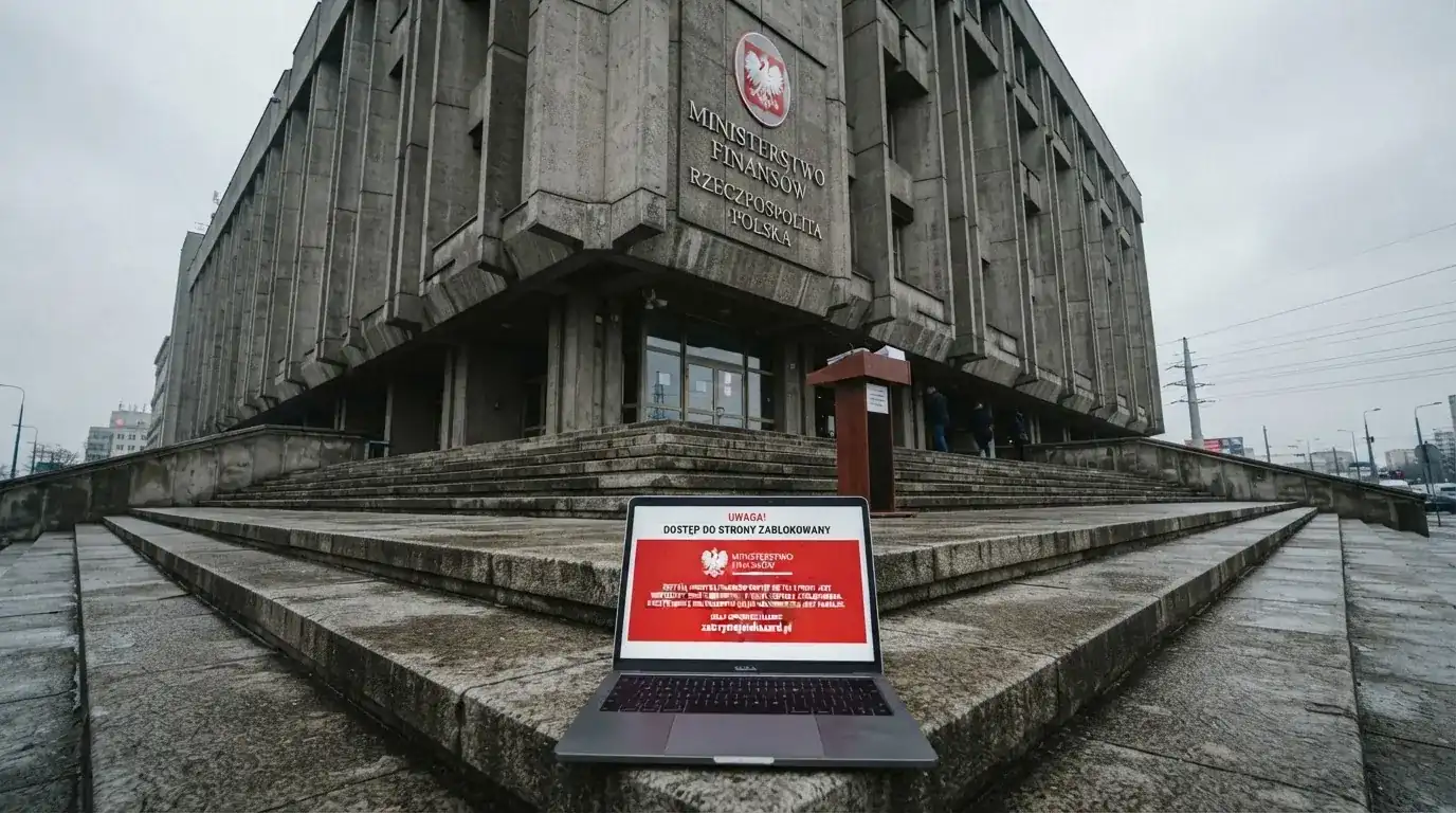 Budynek urzędu z tablicą ministerstwa, na pierwszym planie laptop z komunikatem o zablokowanej stronie kasyna