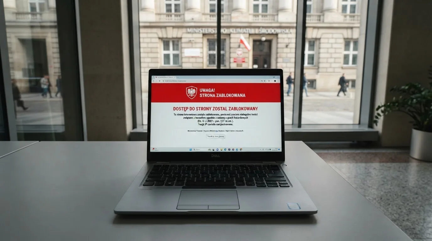 Laptop z komunikatem o zablokowanej stronie hazardowej, w tle budynek urzędu z tablicą ministerstwa