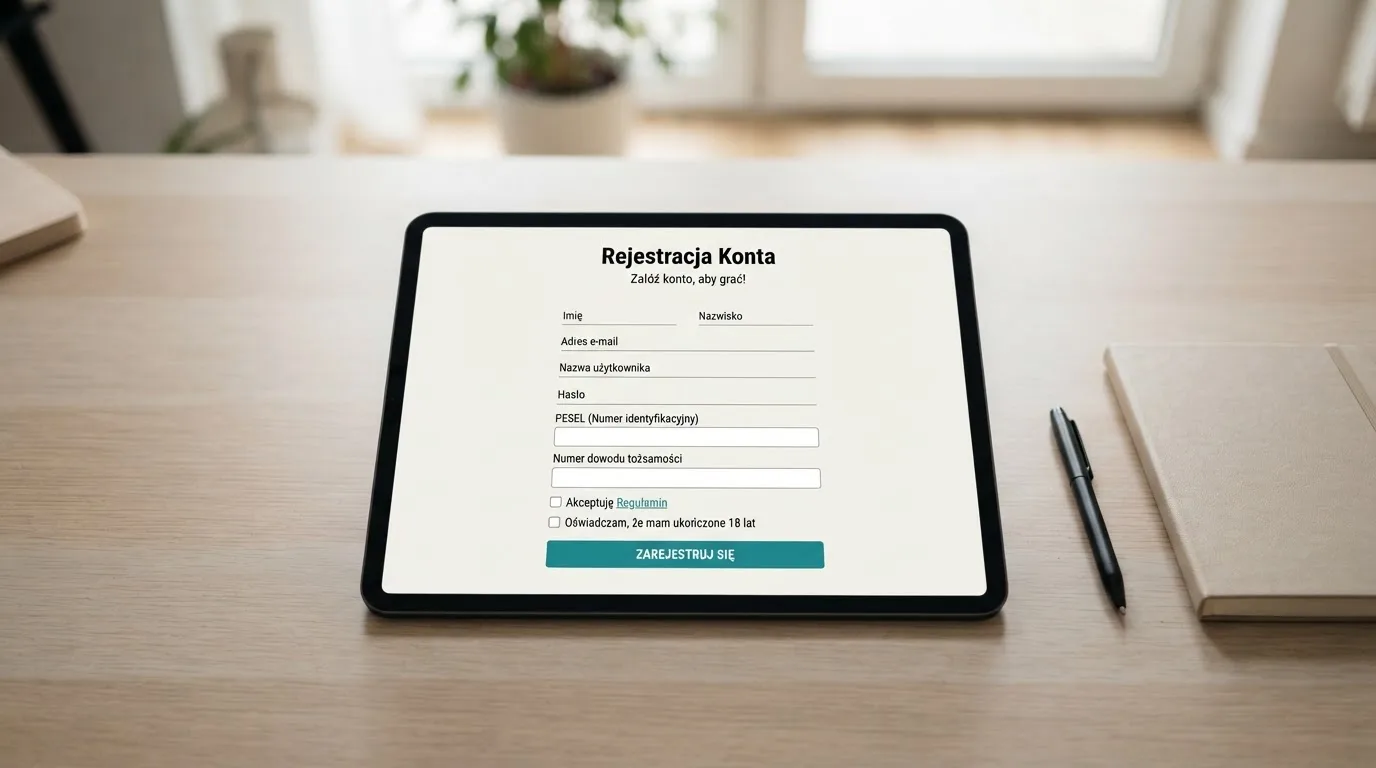 Formularz rejestracji konta gracza z polami na PESEL i numer dokumentu tożsamości na ekranie tabletu