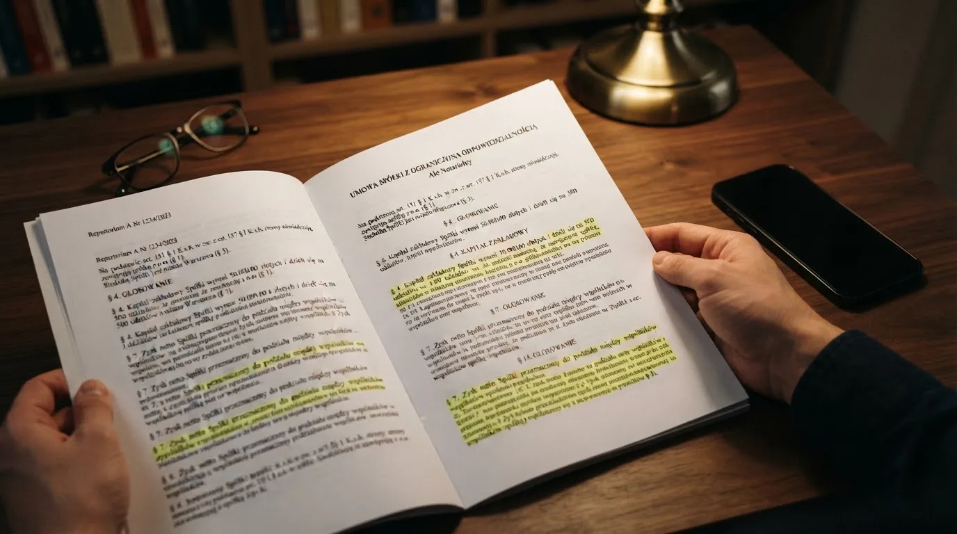 Wydruk ustawy o grach hazardowych z zakreślonymi artykułami leżący na biurku obok wyłączonego smartfona