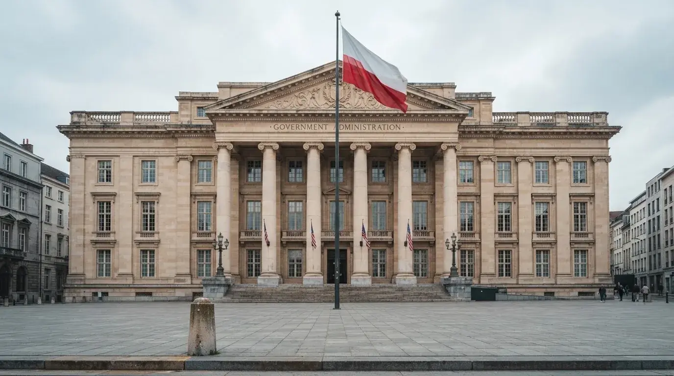 Budynek urzędu administracji państwowej z flagą Polski na maszcie w tle