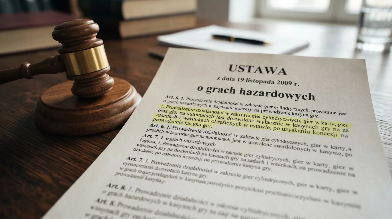 zbliżenie na wydrukowany paragraf ustawy o grach hazardowych leżący obok młotka sędziowskiego