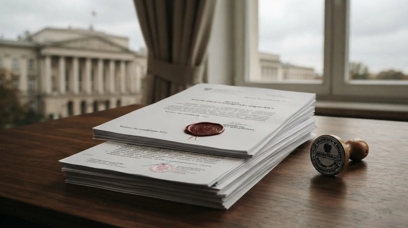 Stos dokumentów urzędowych i pieczęć na biurku, w tle sylwetka budynku administracji publicznej