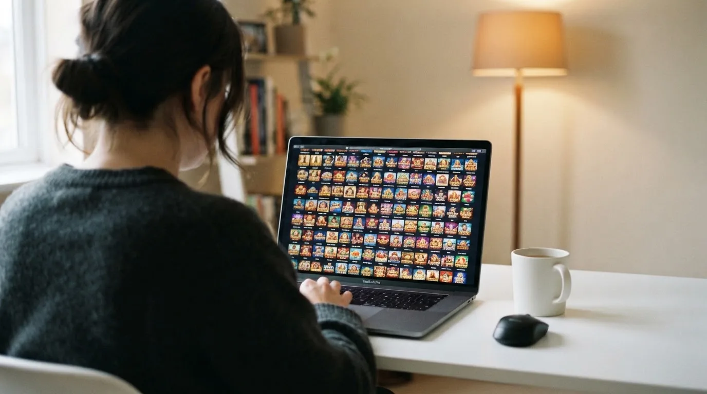 Ekran laptopa z tabelą porównawczą kilku serwisów kasynowych, bez widocznych logotypów marek