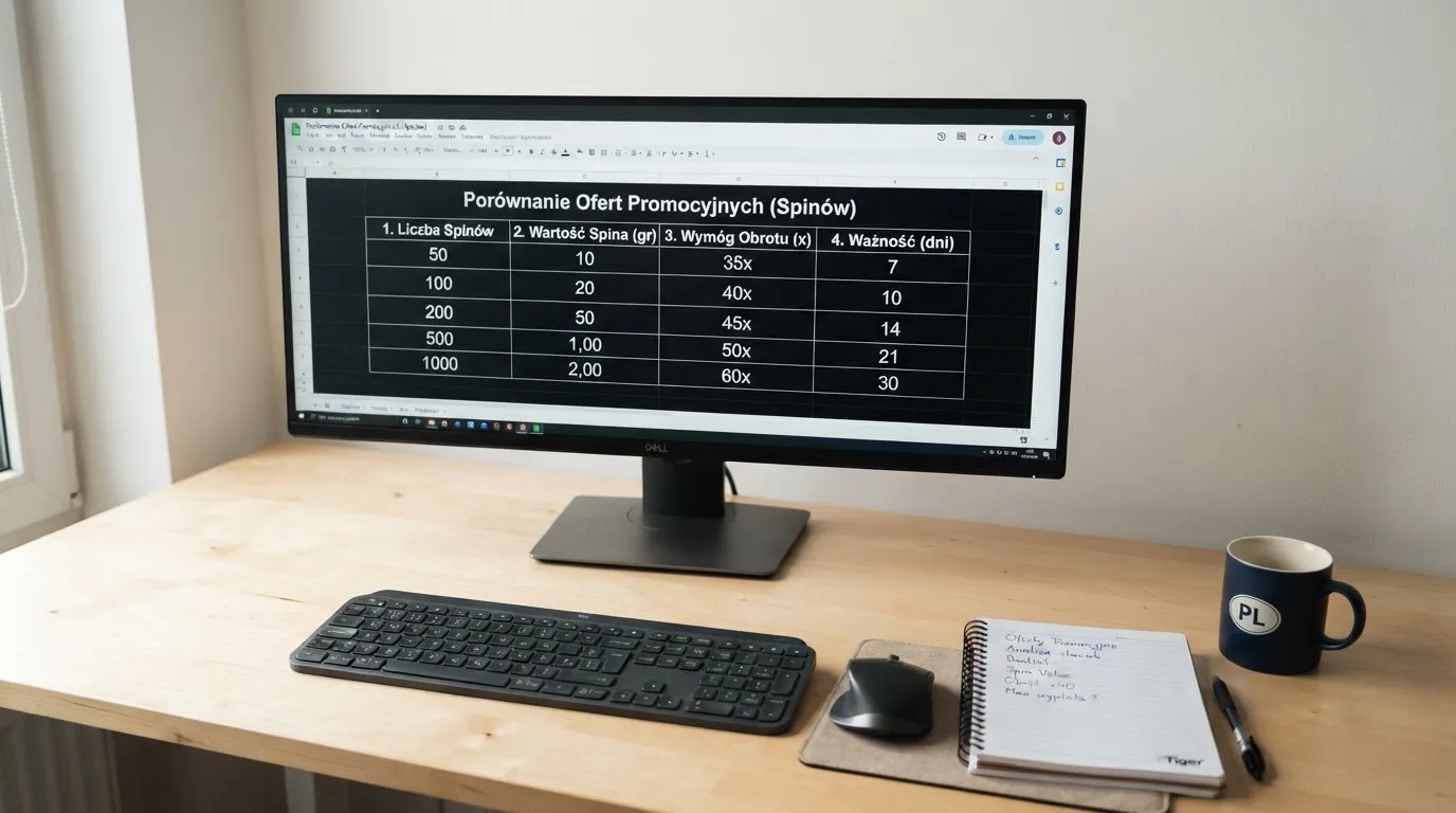 Monitor z tabelą porównującą liczbę spinów, wartość spina, mnożnik obrotu i termin ważności, bez nazw i logotypów