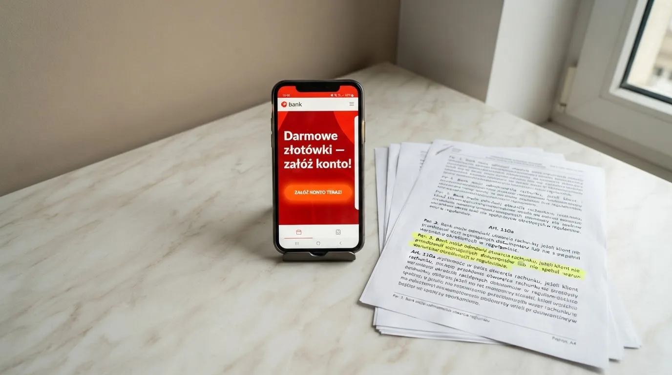 Telefon z banerem obiecującym darmowe złotówki za założenie konta, obok wydrukowany tekst ustawy o grach hazardowych z zaznaczonym artykułem