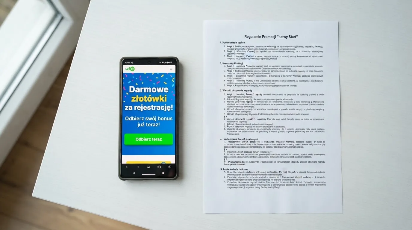 Telefon z wyskakującym banerem obiecującym darmowe złotówki za rejestrację, obok wydruk ustawy o grach hazardowych