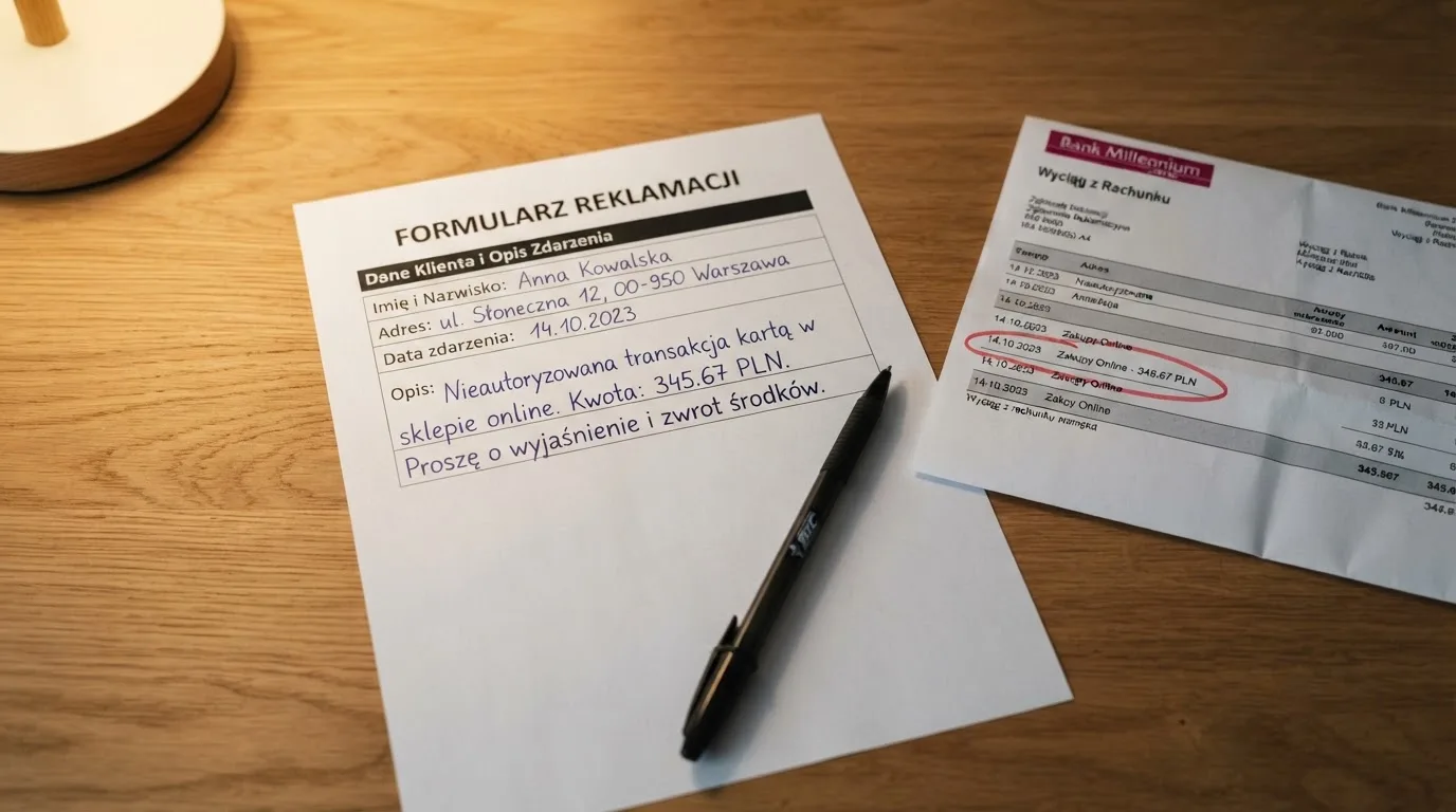 Wydrukowany formularz reklamacji leżący na biurku obok długopisu i wyciągu bankowego z zakreśloną pozycją