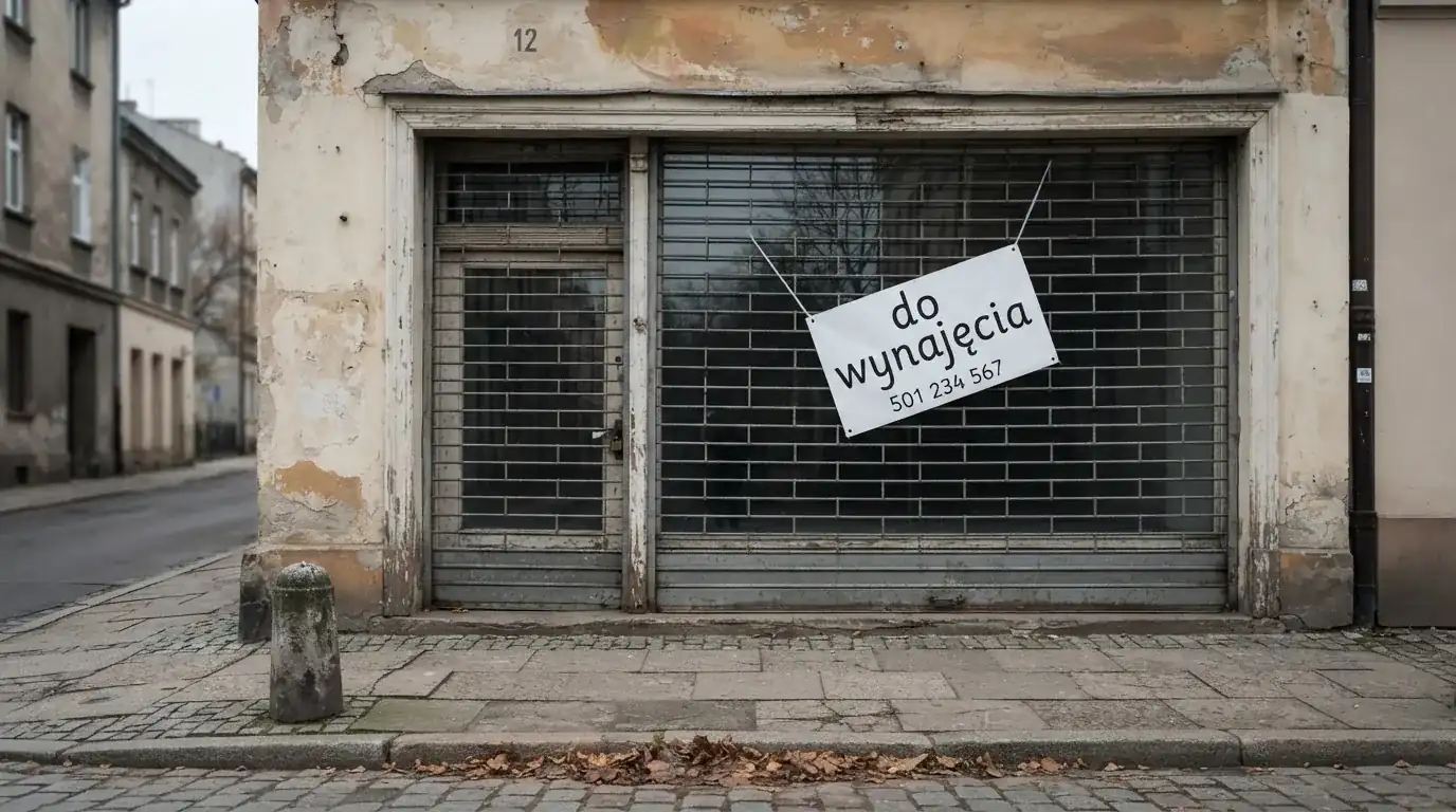 Pusty, zamknięty lokal handlowy z tabliczką „do wynajęcia”, symbolizujący brak działających salonów gry bingo pieniężne