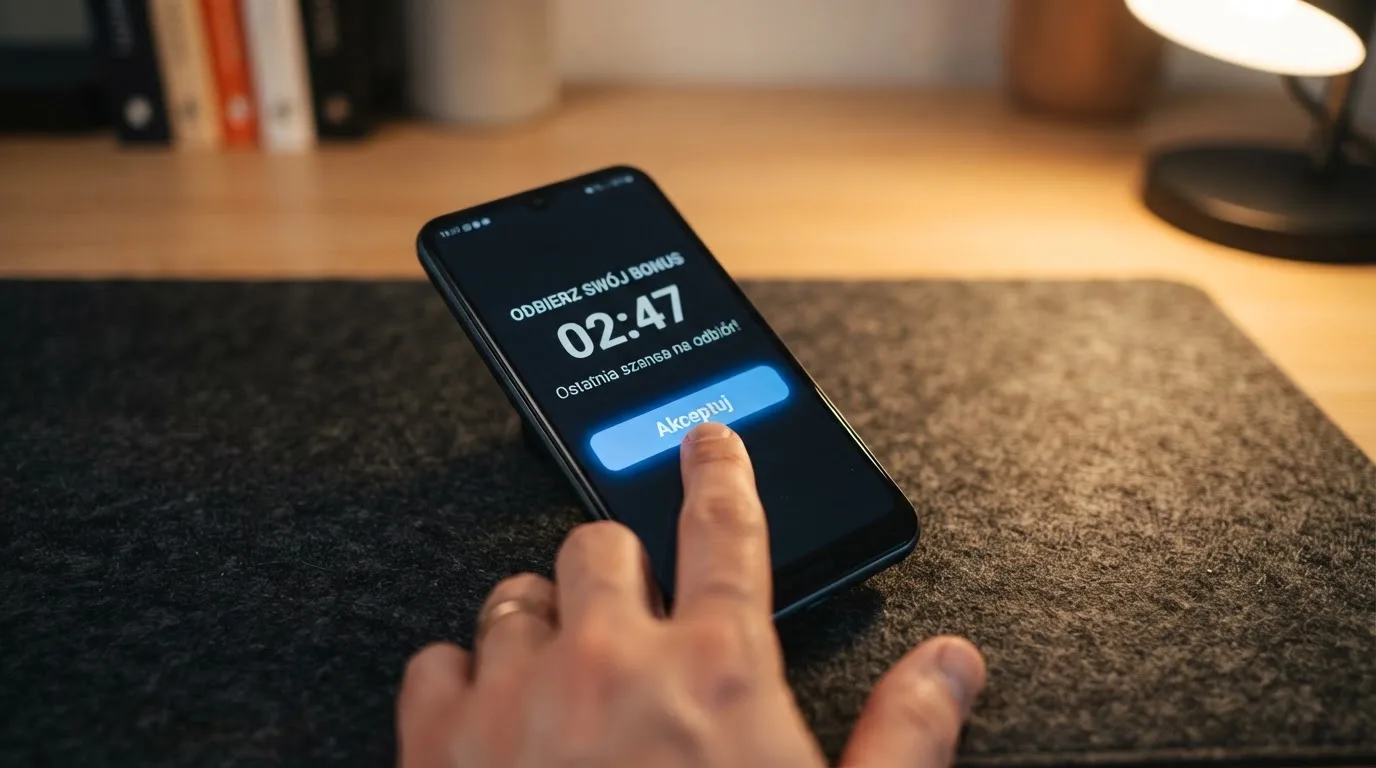 Kciuk dotykający przycisku akceptacji środków bonusowych na ekranie telefonu z widocznym zegarem odliczającym